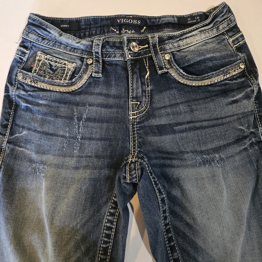 Vigoss Skinny Bling Details Rhinestones Jeans Embossed Back Pockets Concert - Picture 6 of 11